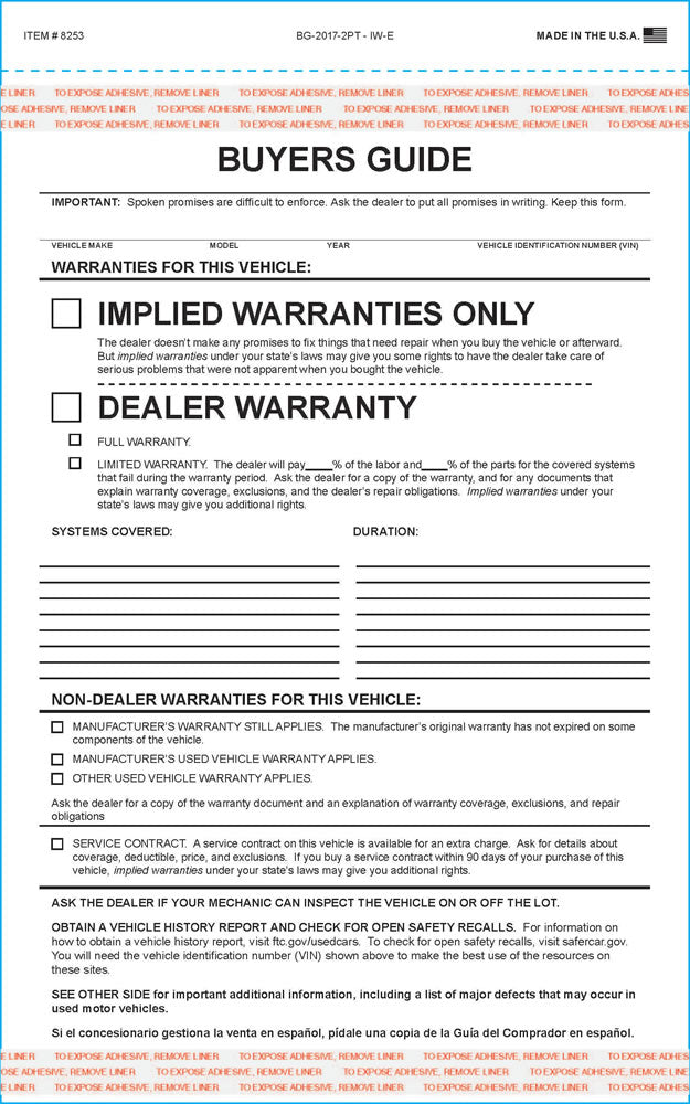 Used Car Buyers Guide Form | US Auto Supplies