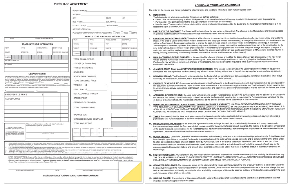 Car Dealer Purchase Agreement Form | US Auto Supplies