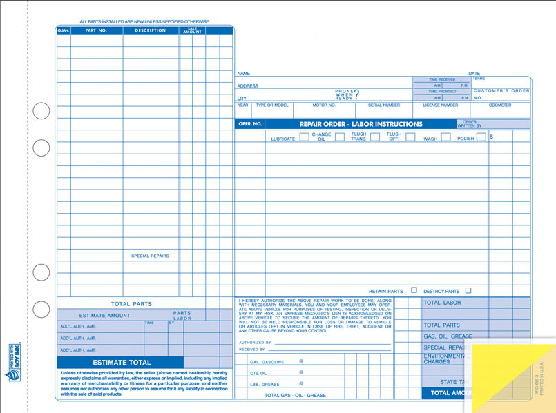 Auto Shop Work Order Form RO-664-3 | US Auto Supplies