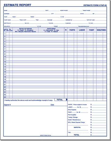 Repair Estimate Forms | US Auto Supplies