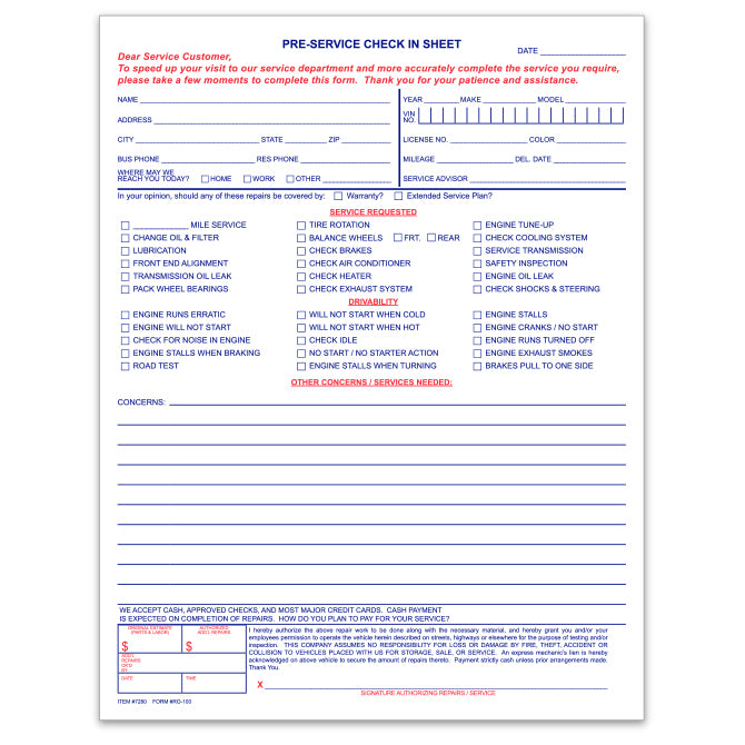 Pre Service Check In Sheet | US Auto Supplies
