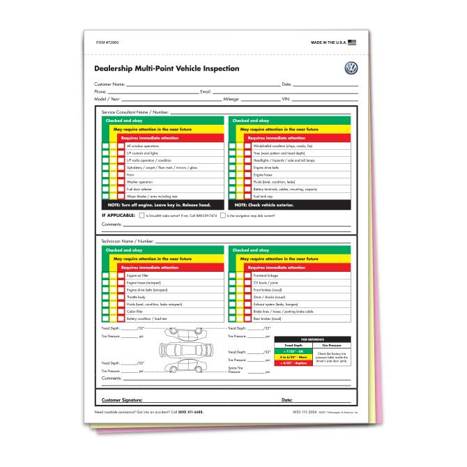 Volkswagen Multipoint Inspection Form | US Auto Supplies