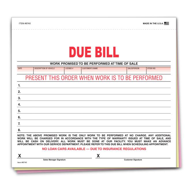 Car Dealership Supply I Due Bill Forms | US Auto Supplies