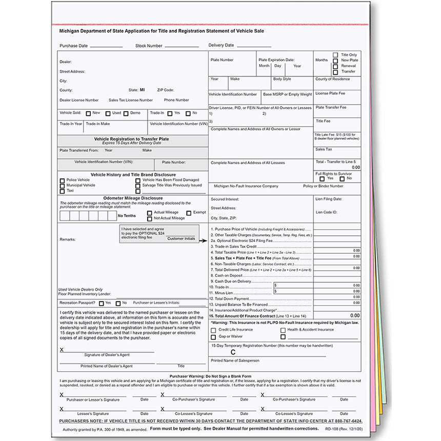 Michigan Application For Title Form - 5-Part