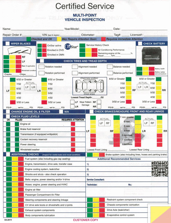 GM Multi Point Inspection Forms from US Auto Supplies
