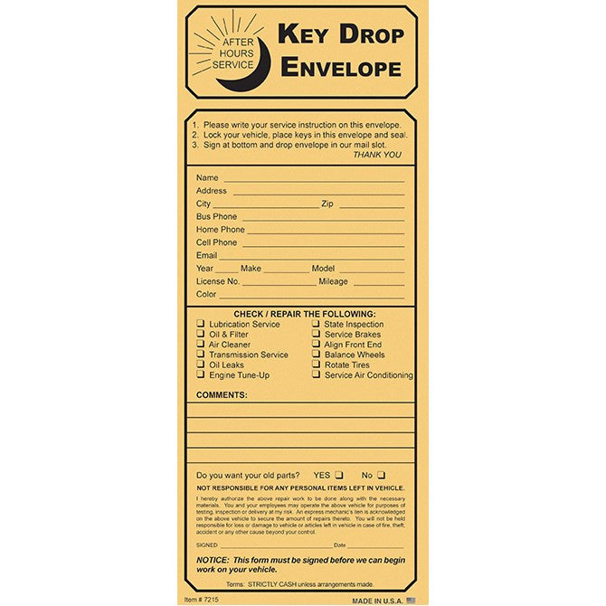 Key Drop Envelopes With Checklists